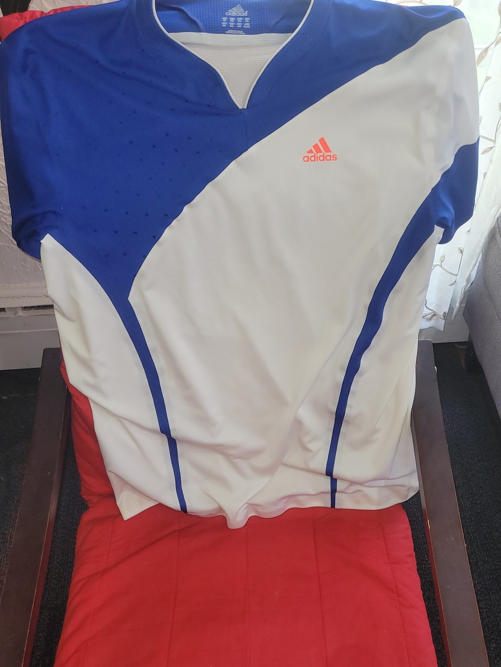 Adidas White & Blue Athletic Tee with Orange Logo